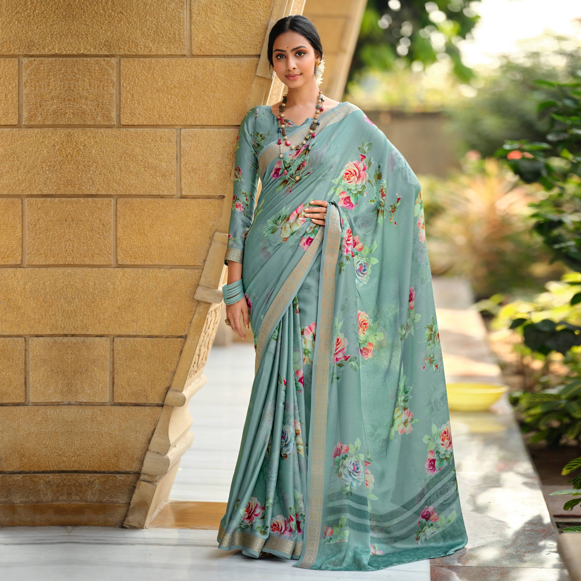 Turquoise Floral Digital Printed Viscose Saree With Zari Border