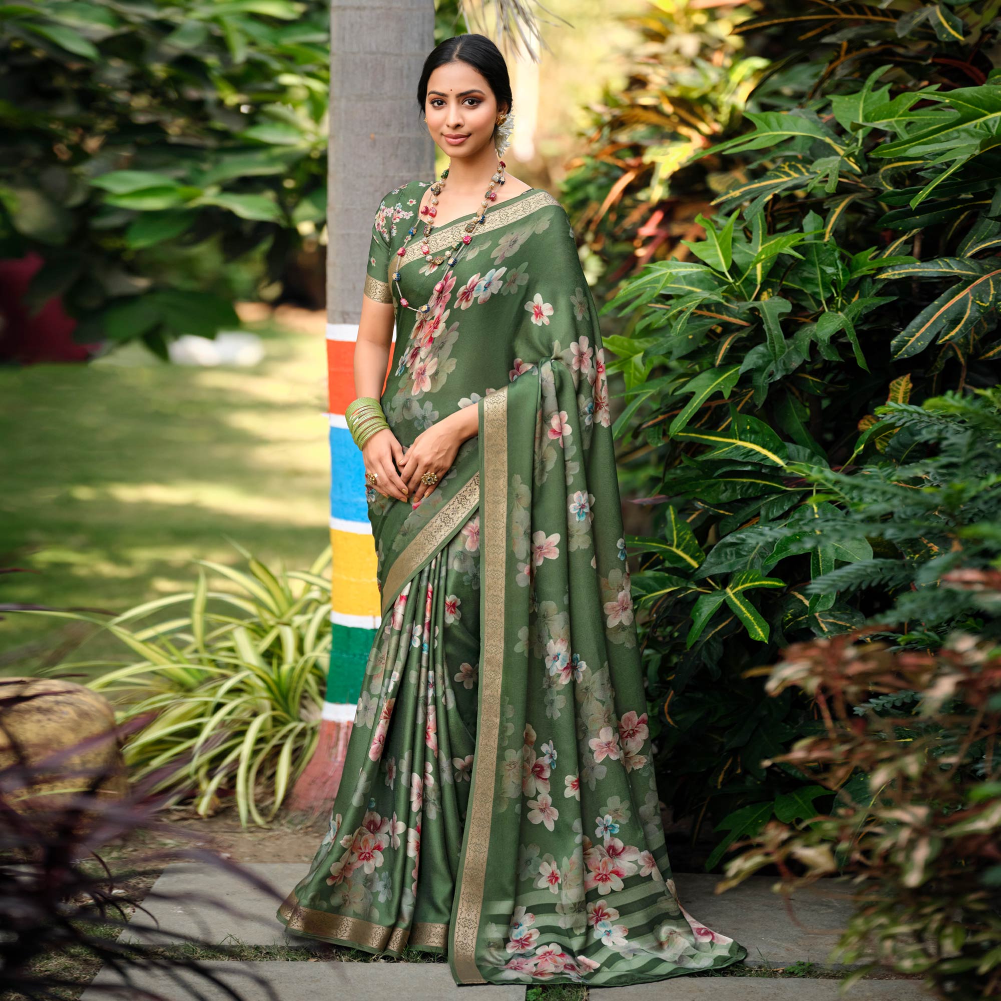 Green Floral Digital Printed Viscose Saree With Zari Border