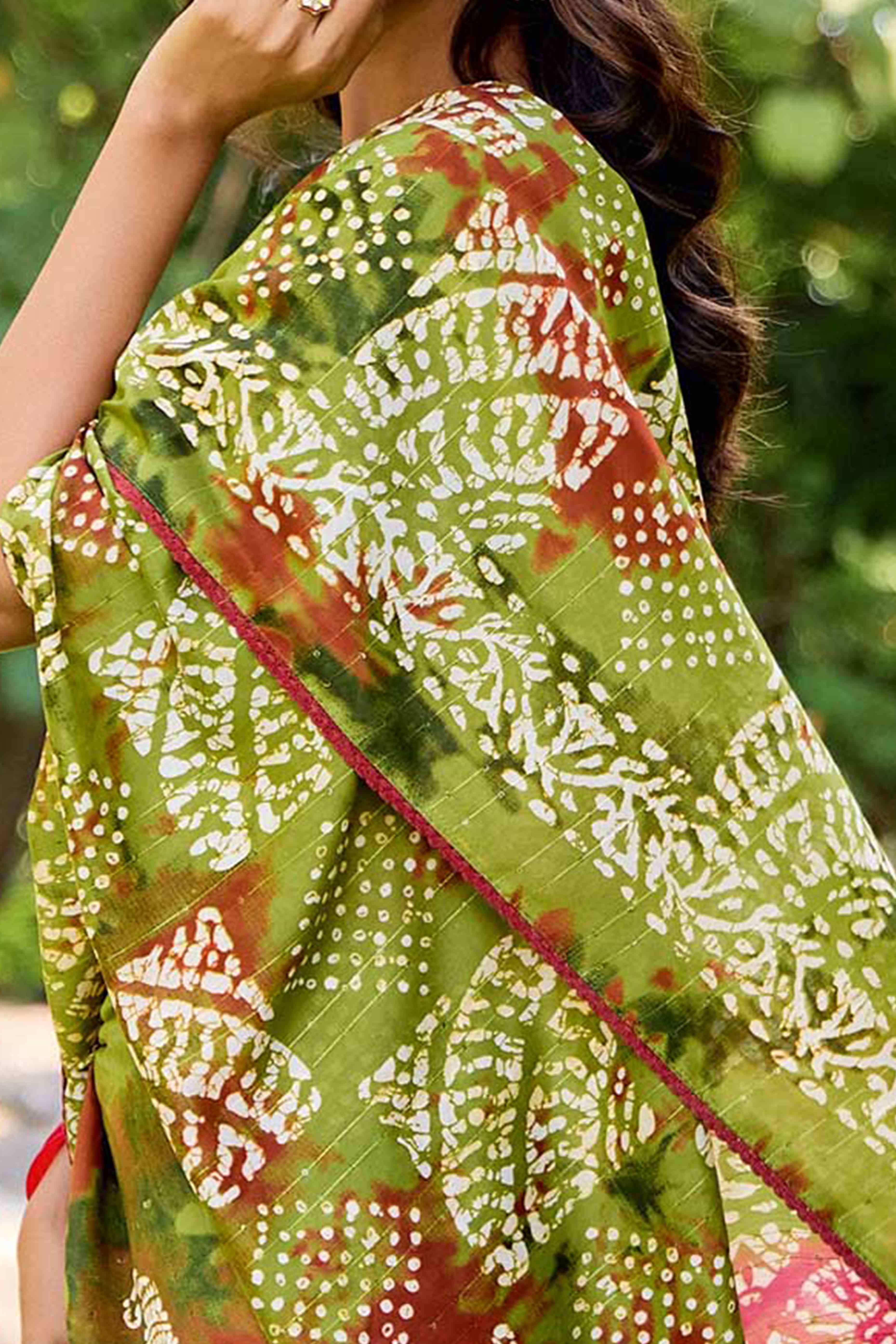 Green Batik Printed Cotton Silk Saree