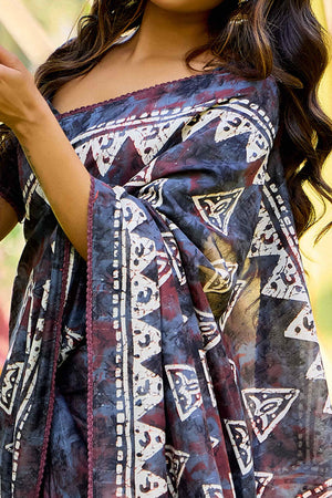 Blue Batik Printed Cotton Silk Saree