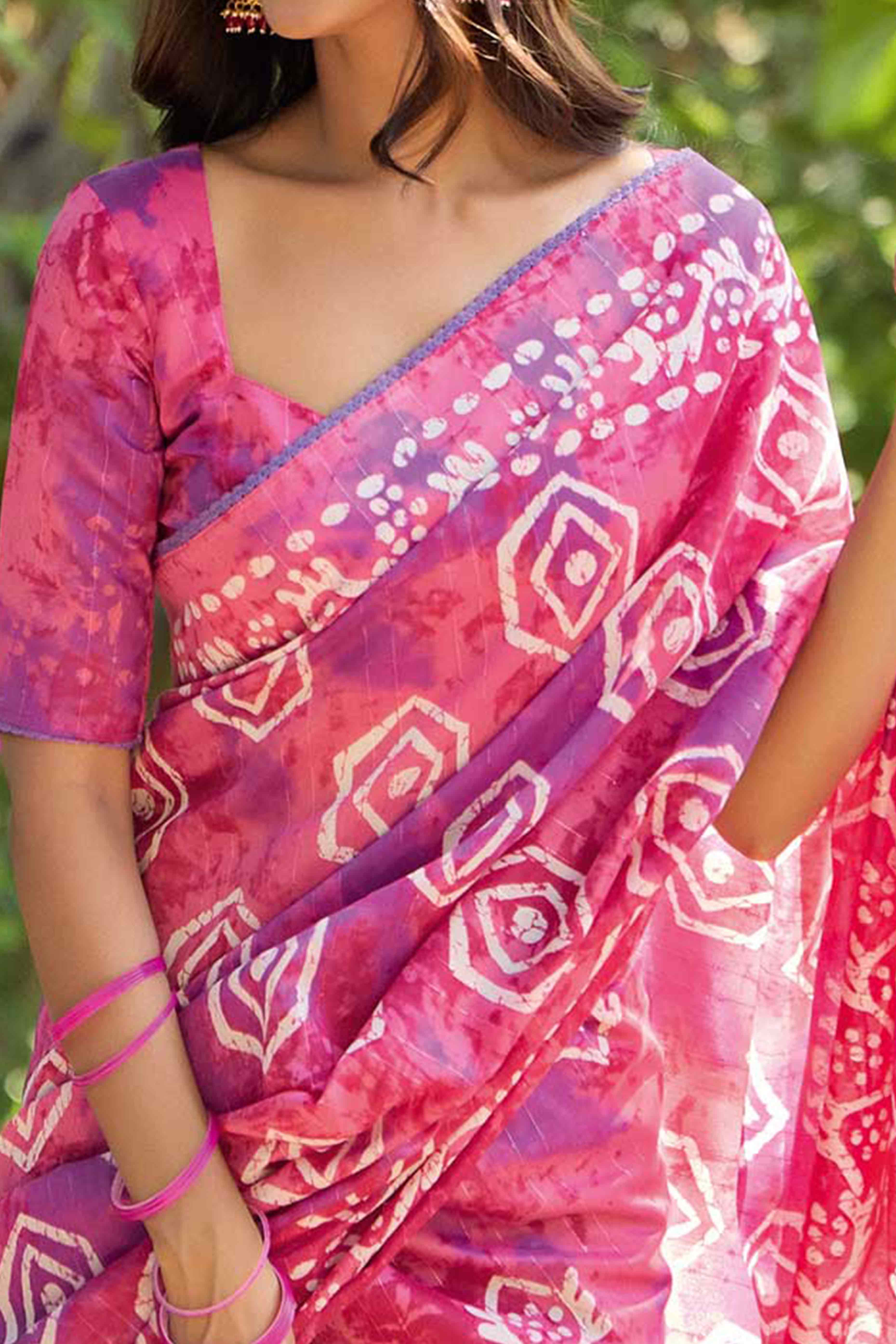 Pink Batik Printed Cotton Silk Saree