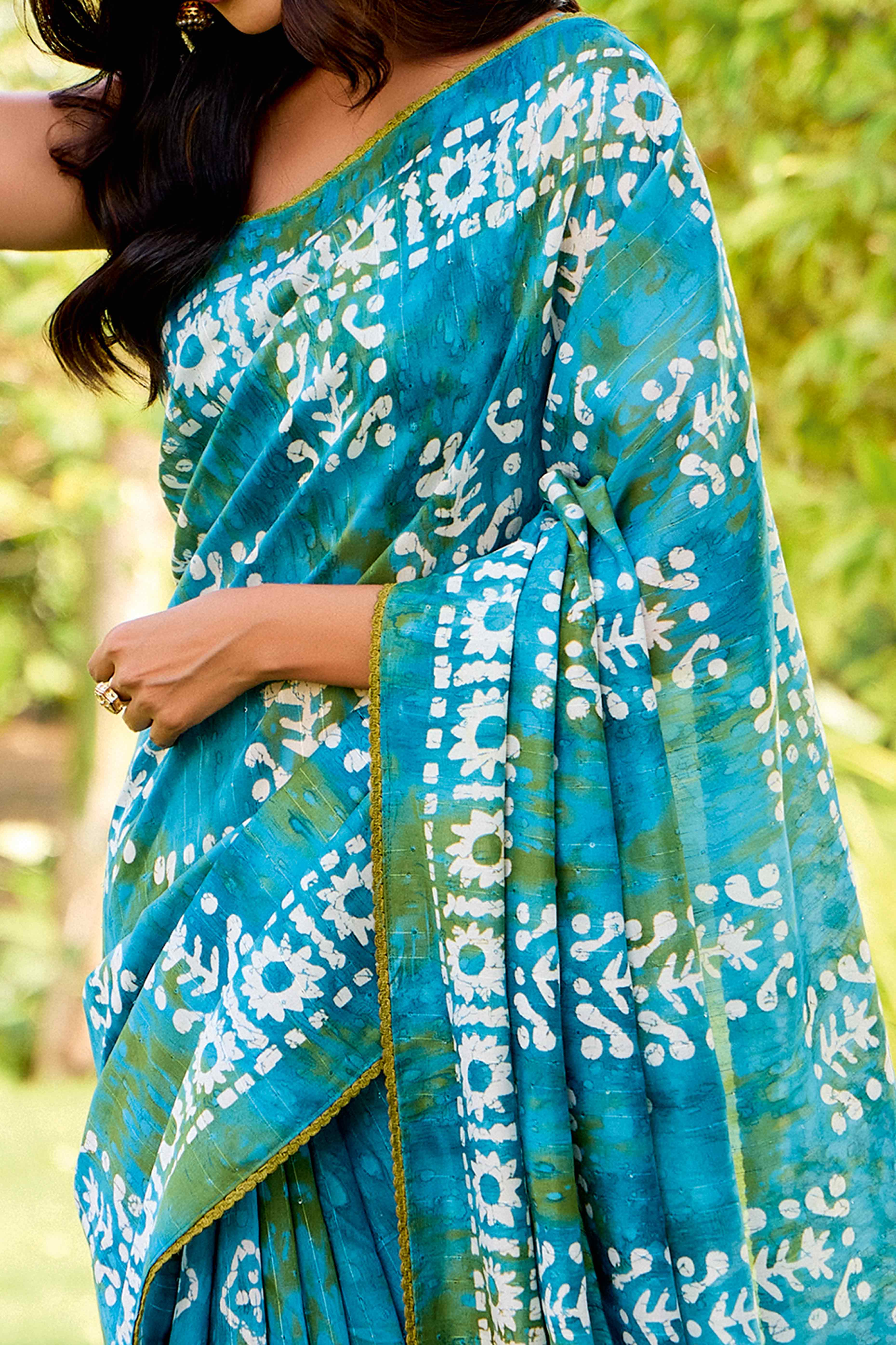 Sky Blue Batik Printed Cotton Silk Saree