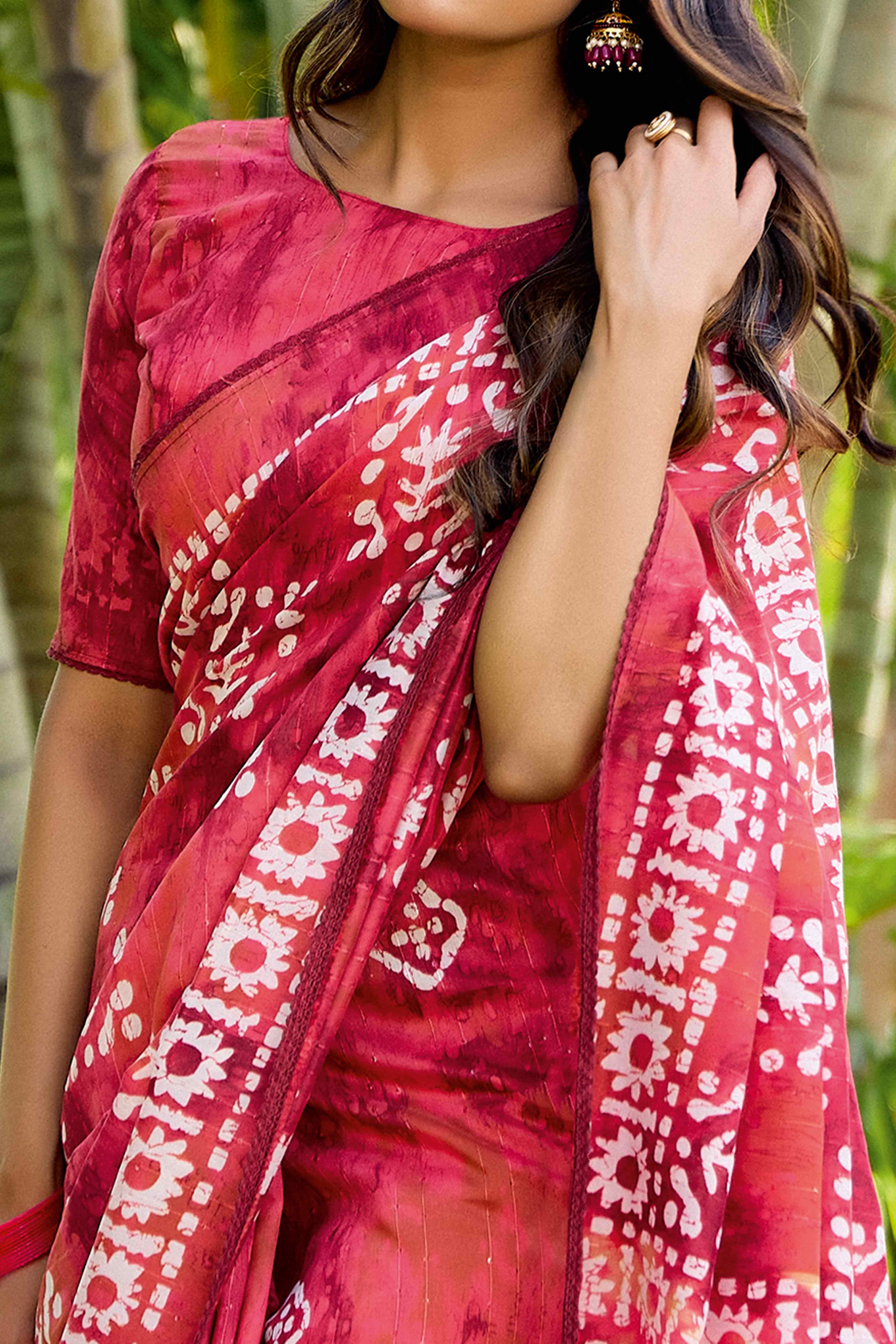 Red Batik Printed Cotton Silk Saree
