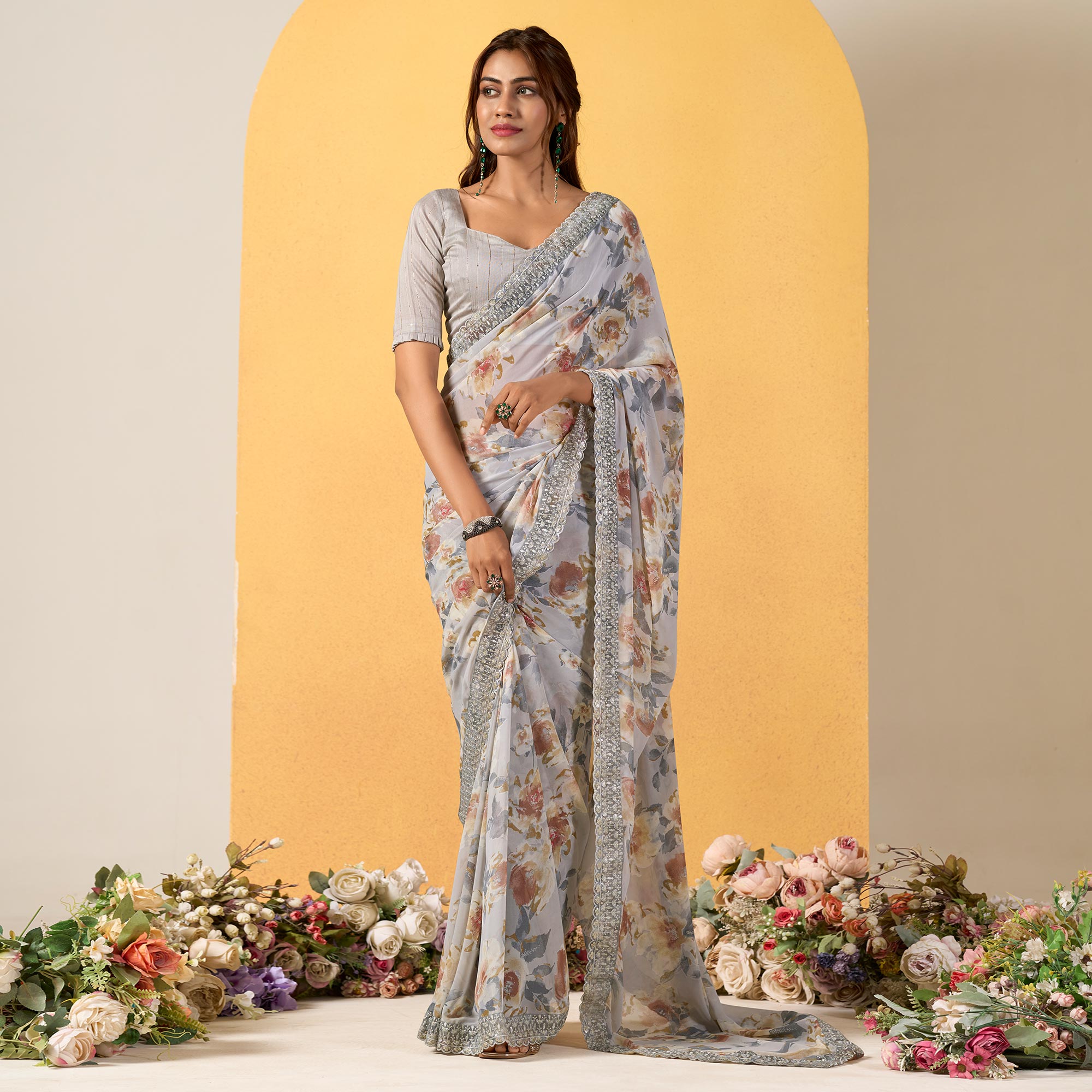 Grey Floral Printed Chiffon Saree With Designer Border