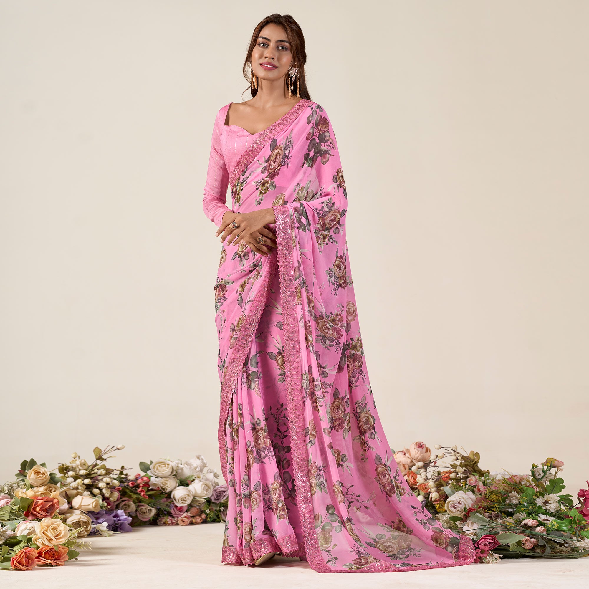 Pink Floral Printed Chiffon Saree With Designer Border