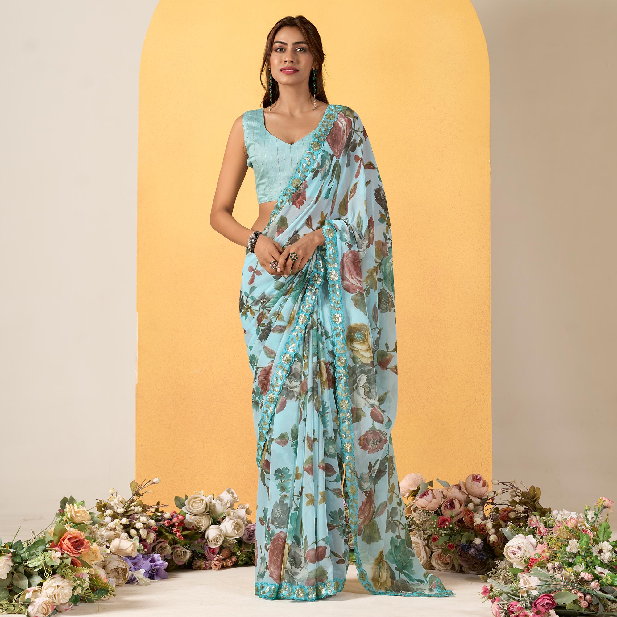 Sky Blue Floral Printed Chiffon Saree With Designer Border