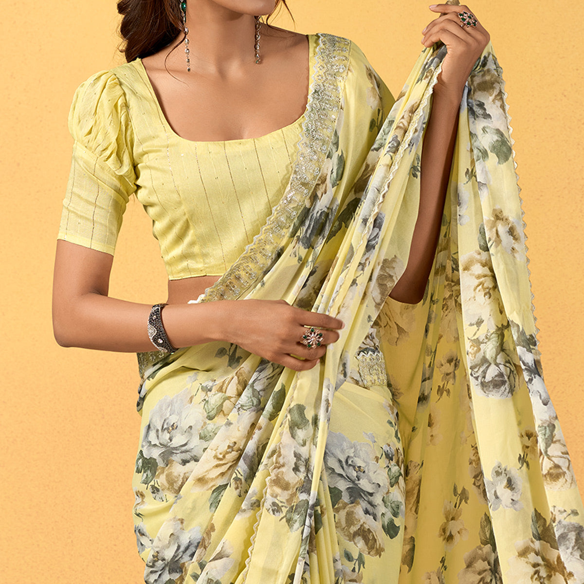 Yellow Floral Printed Chiffon Saree With Designer Border
