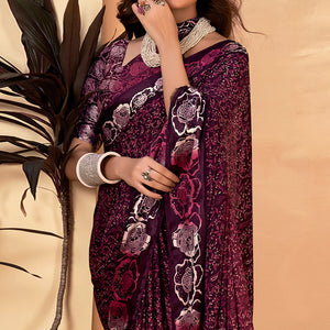 Magenta Floral Printed Georgette Saree with Satin Border