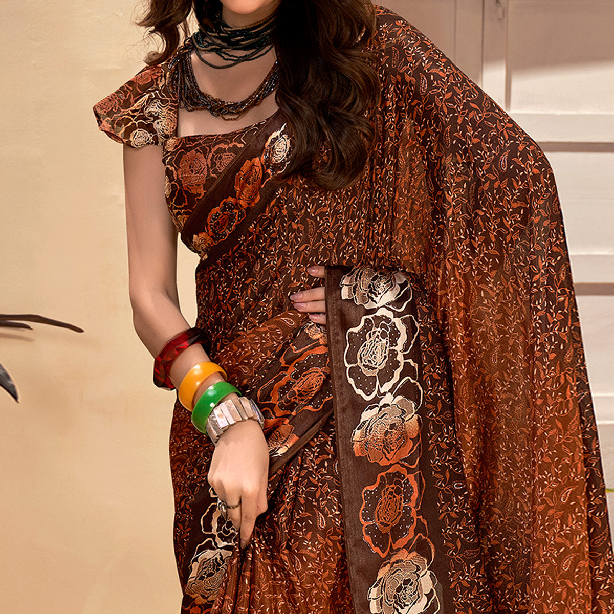 Orange Floral Printed Georgette Saree with Satin Border
