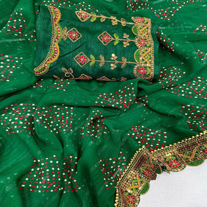 Green Bandhani Printed Georgette Saree for Festive Wear with Lace Detailing