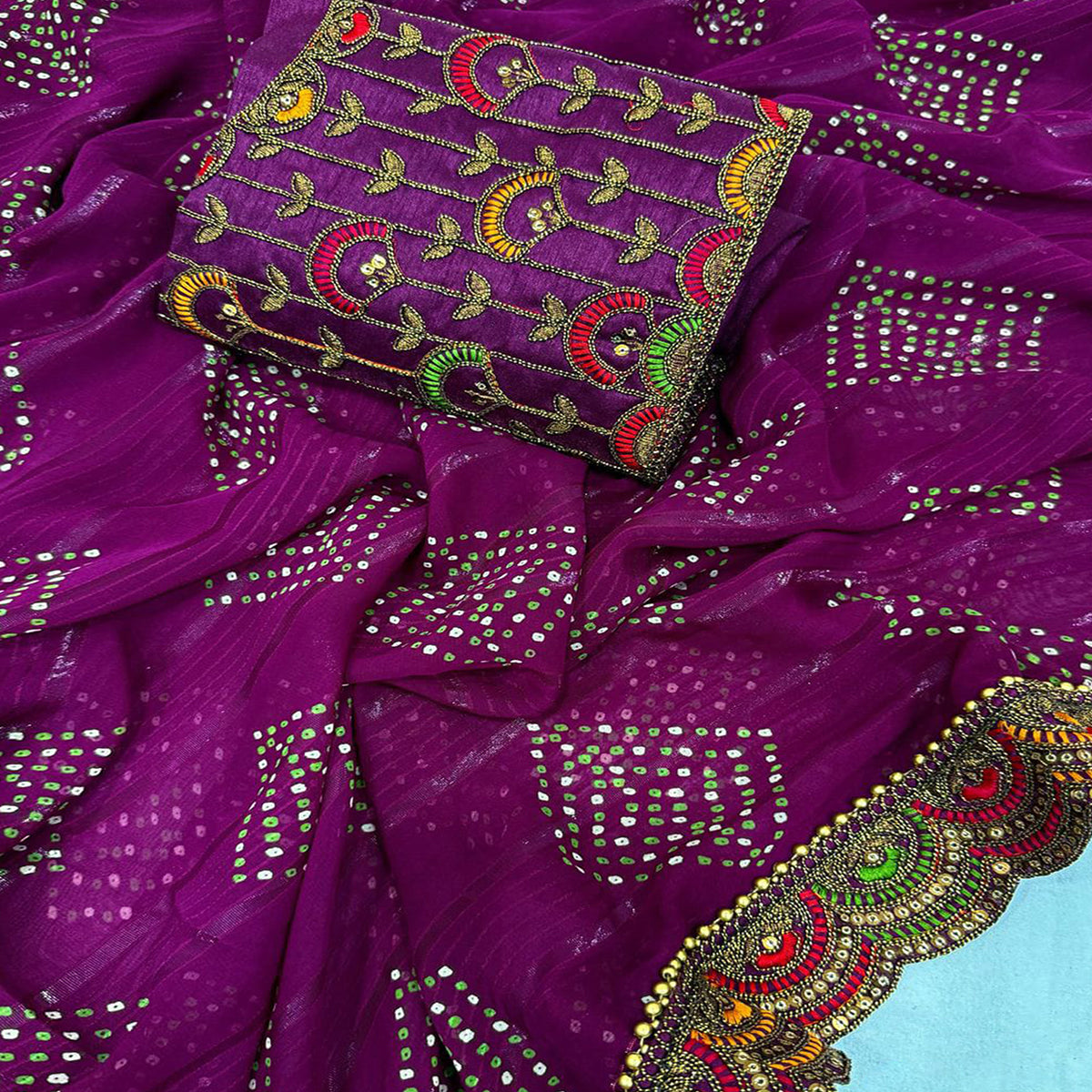 Purple Bandhani Printed Georgette Saree for Festive Wear with Lace Detailing