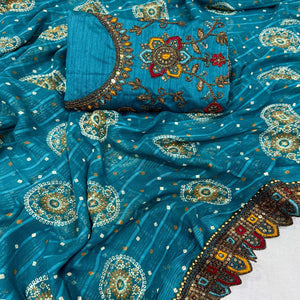 Teal Bandhani Printed Georgette Saree for Festive Wear with Lace Detailing