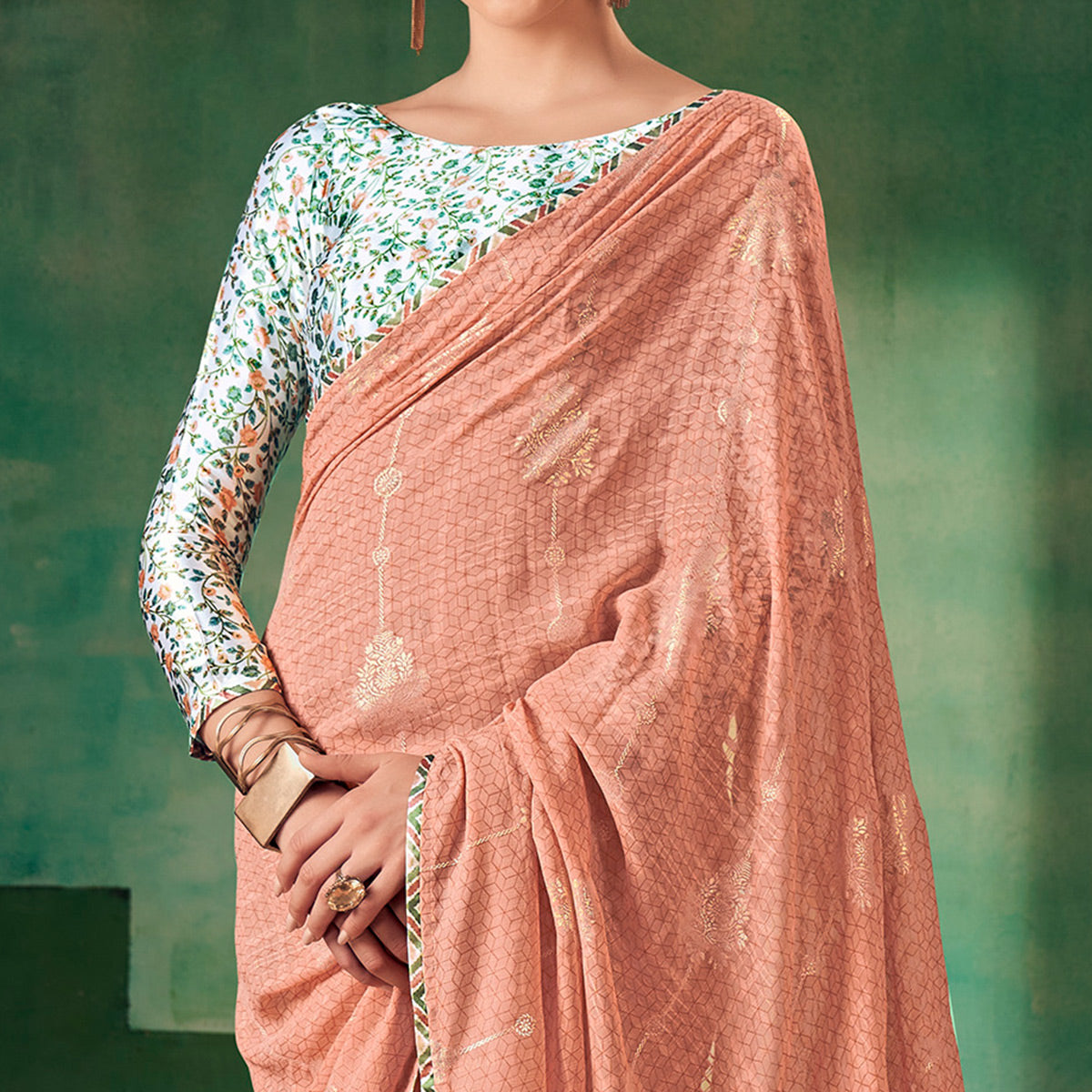 Peach Floral Foil Printed Georgette Saree