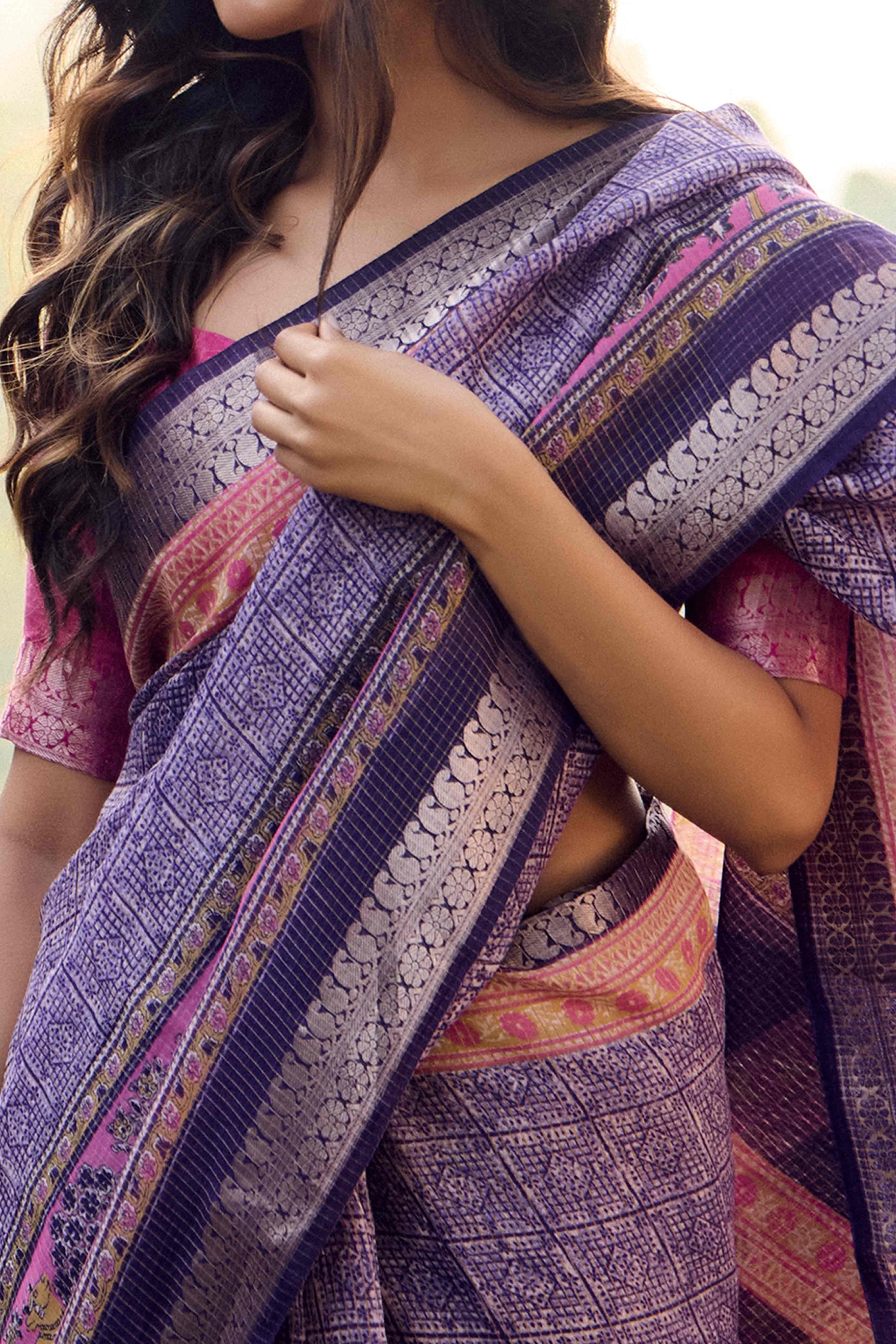 Purple Printed Mulmul Cotton Saree With Jacquard Border