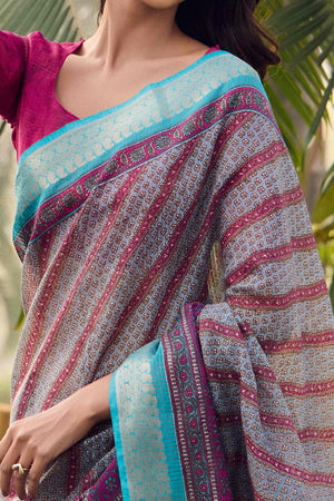 Grey Printed Mulmul Cotton Saree With Jacquard Border