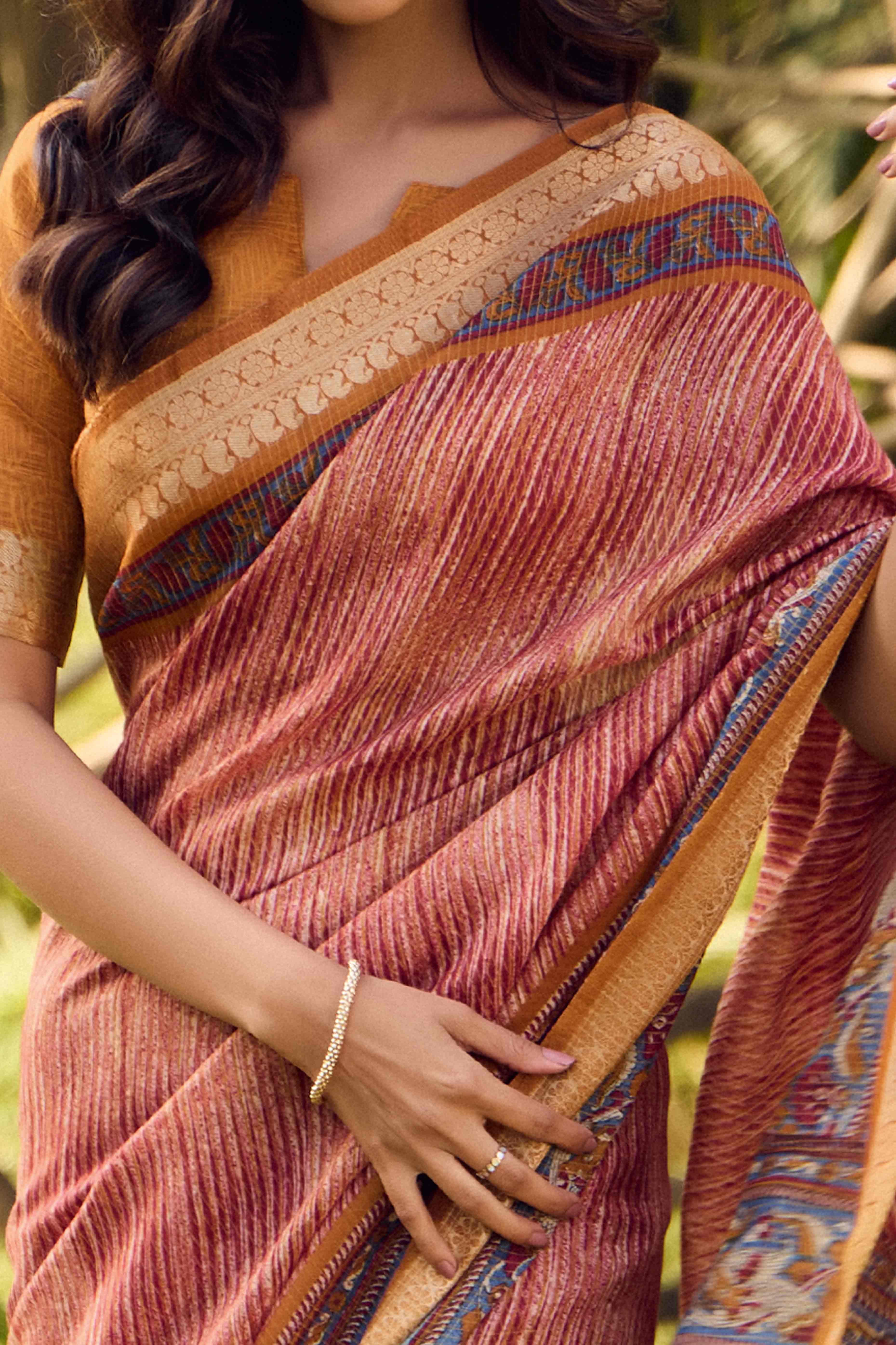 Peach Printed Mulmul Cotton Saree With Jacquard Border