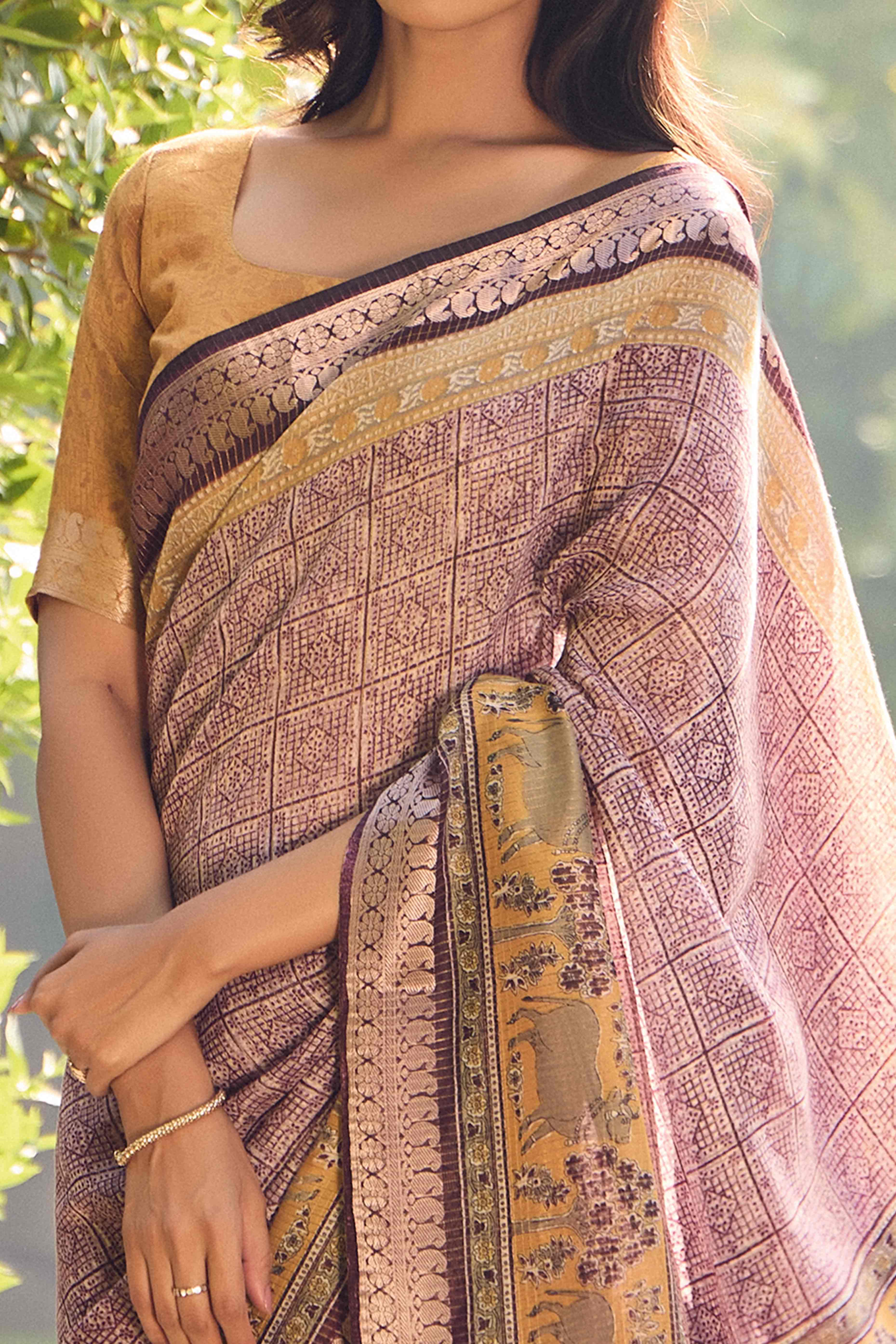 Rosy Brown Printed Mulmul Cotton Saree With Jacquard Border