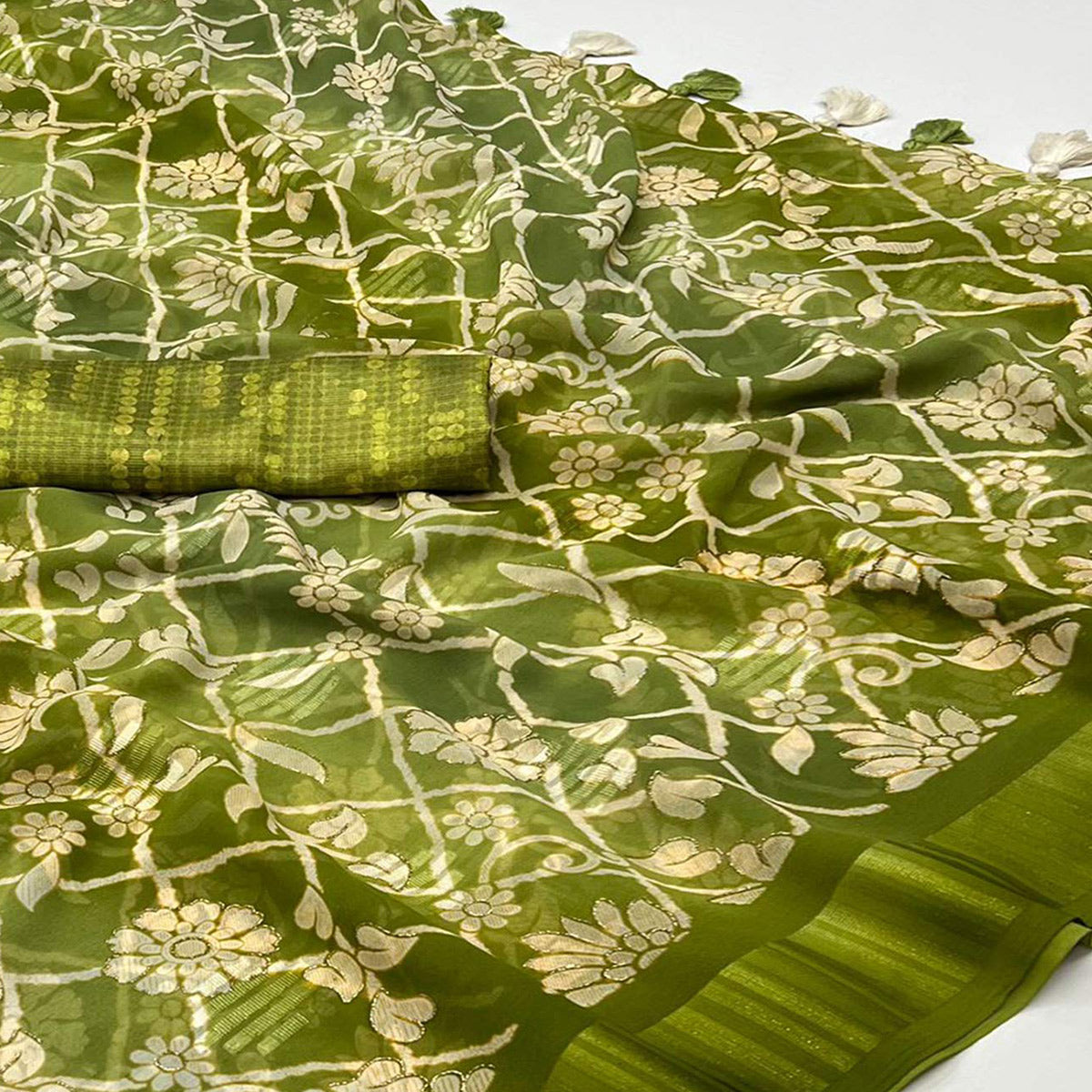 Green Floral Foil Printed Georgette Saree With Tassels