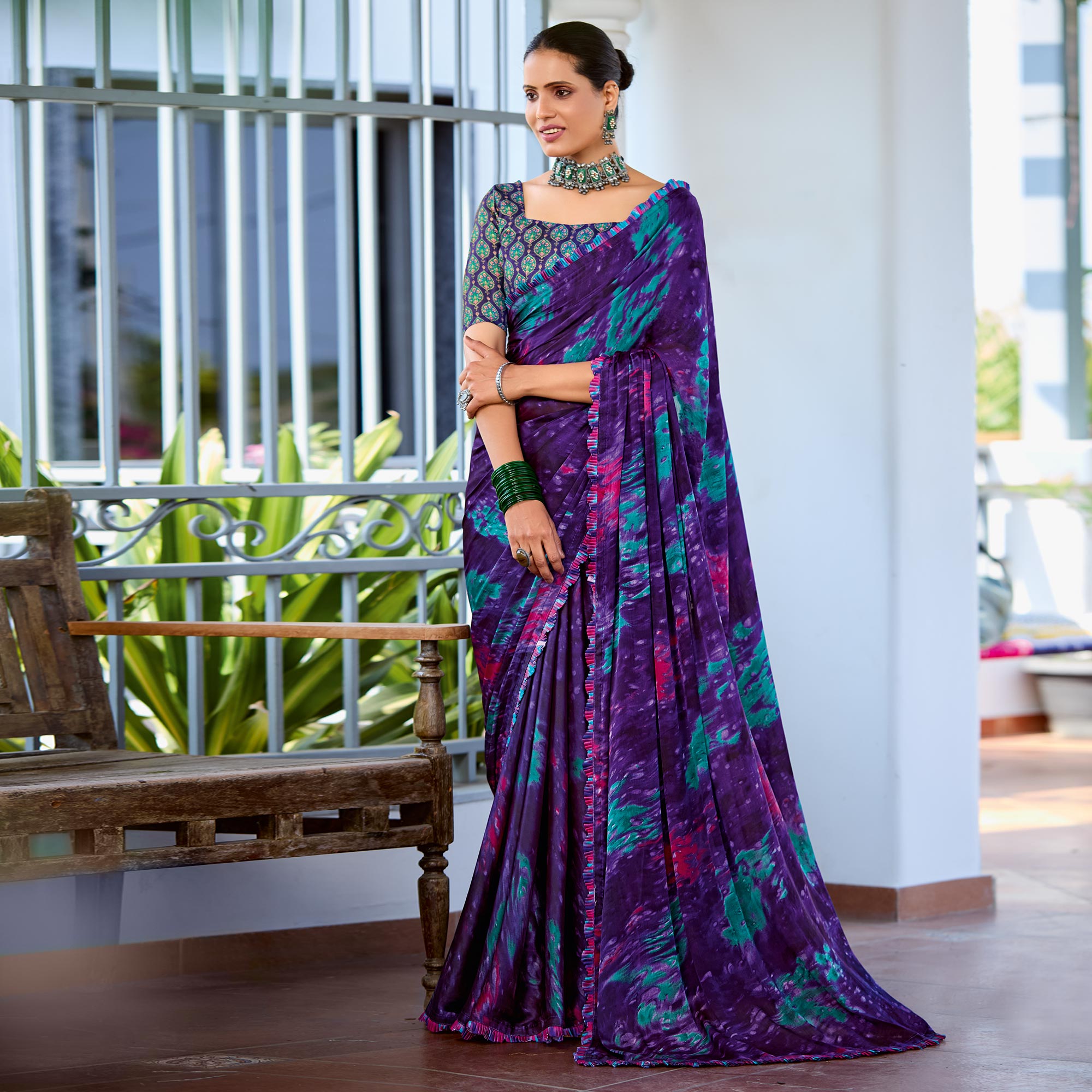 Purple Printed Satin Saree With Frill Border