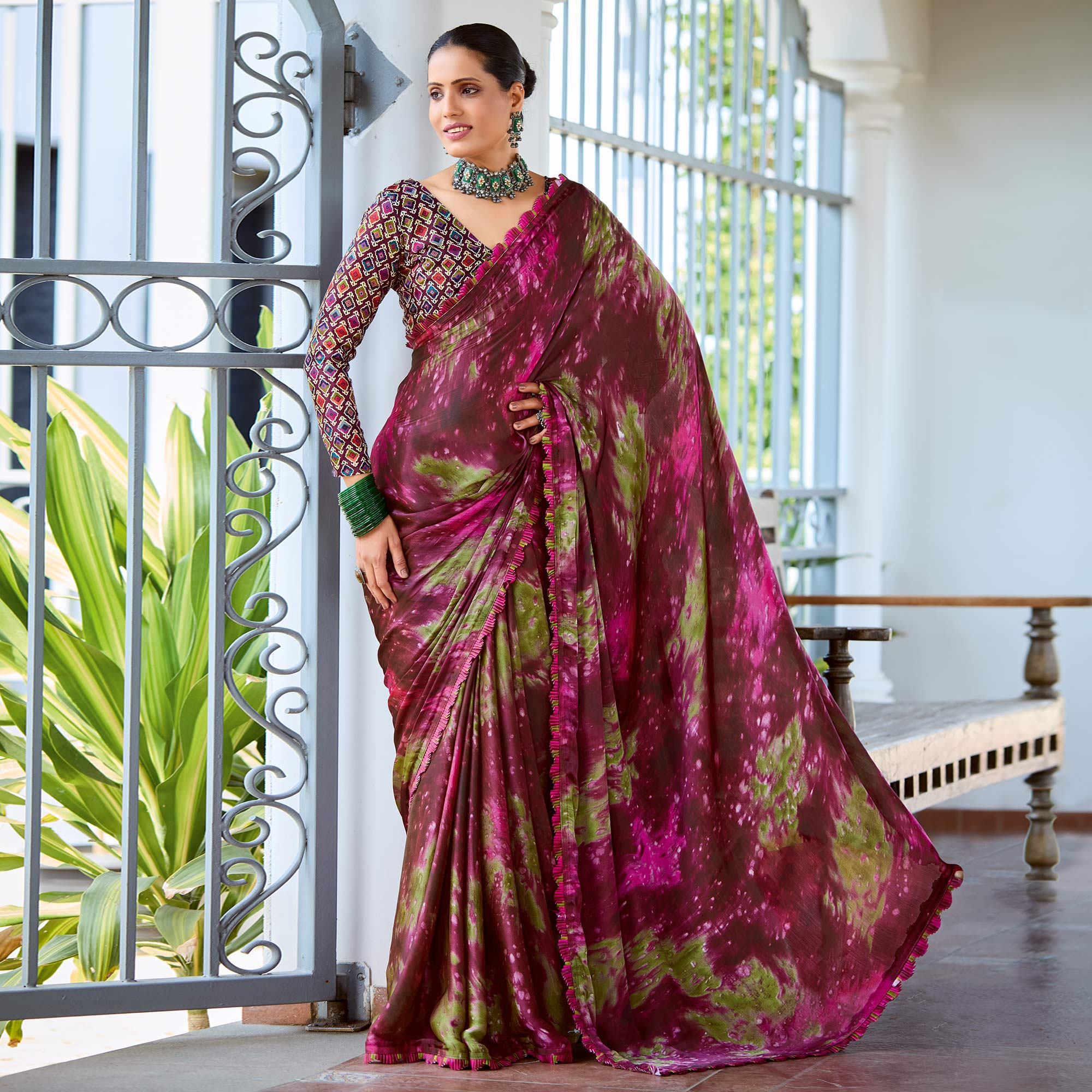 Wine Printed Satin Saree With Frill Border
