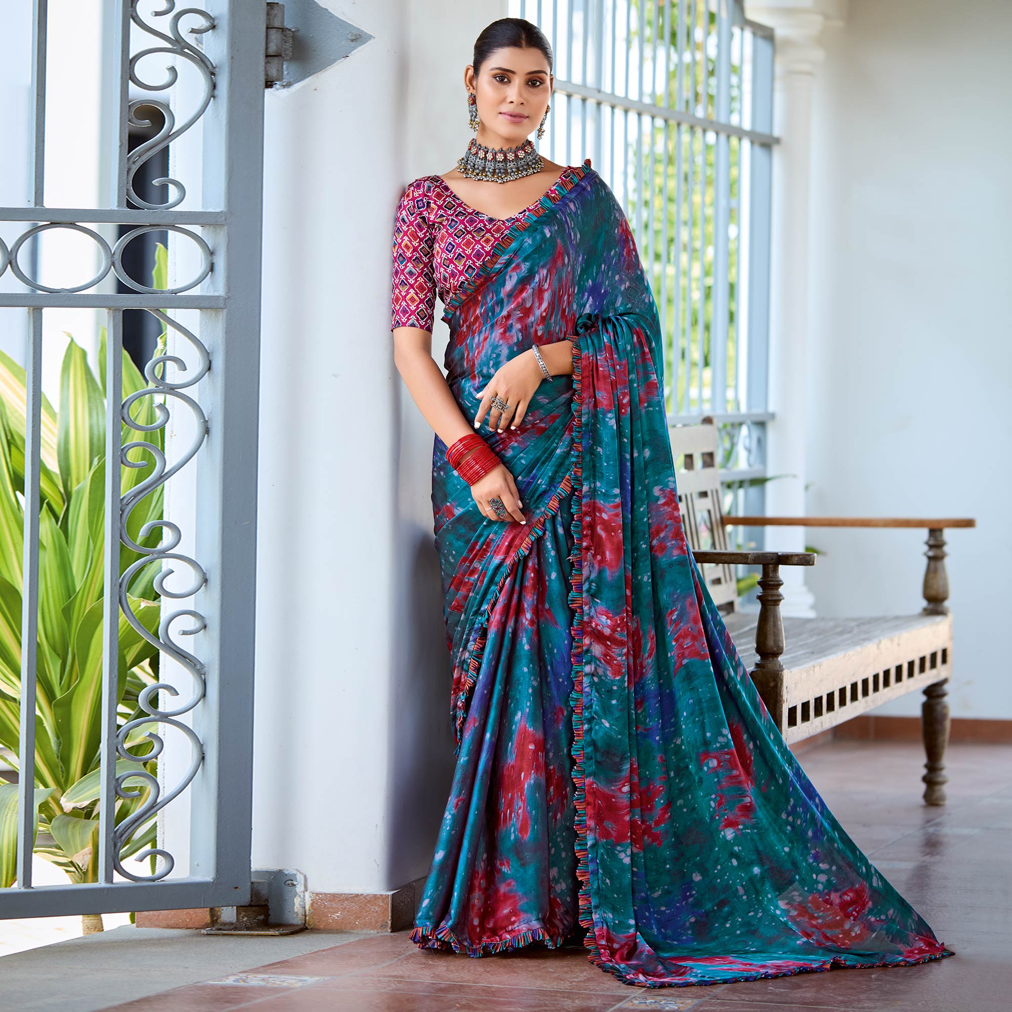 Teal Printed Satin Saree With Frill Border