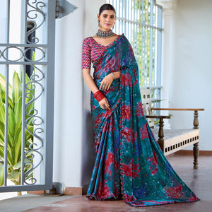 Teal Printed Satin Saree With Frill Border