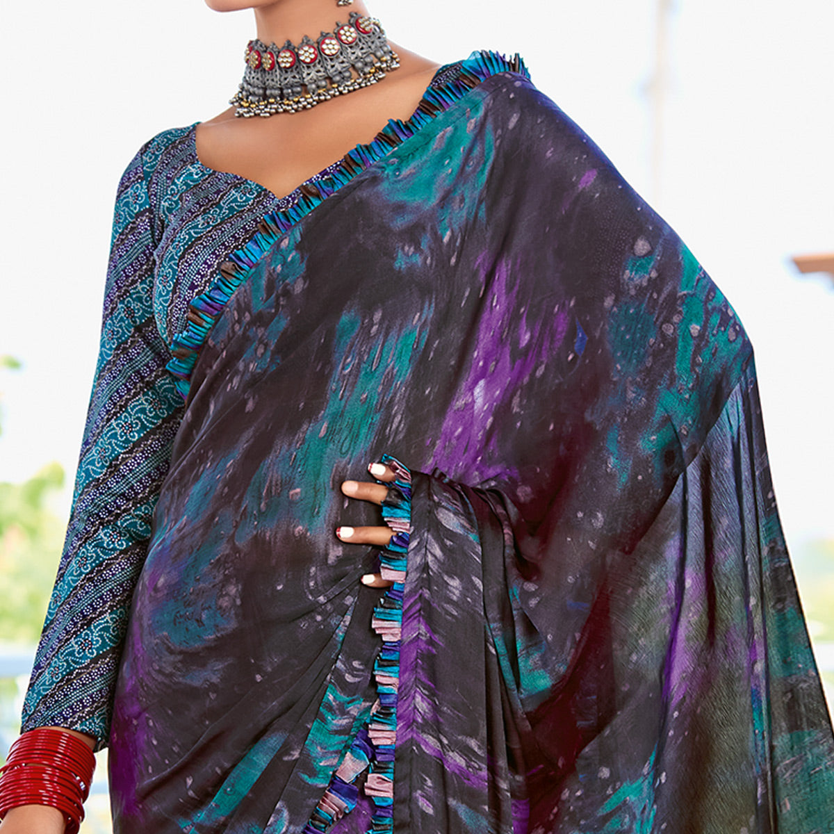 Black Printed Satin Saree With Frill Border