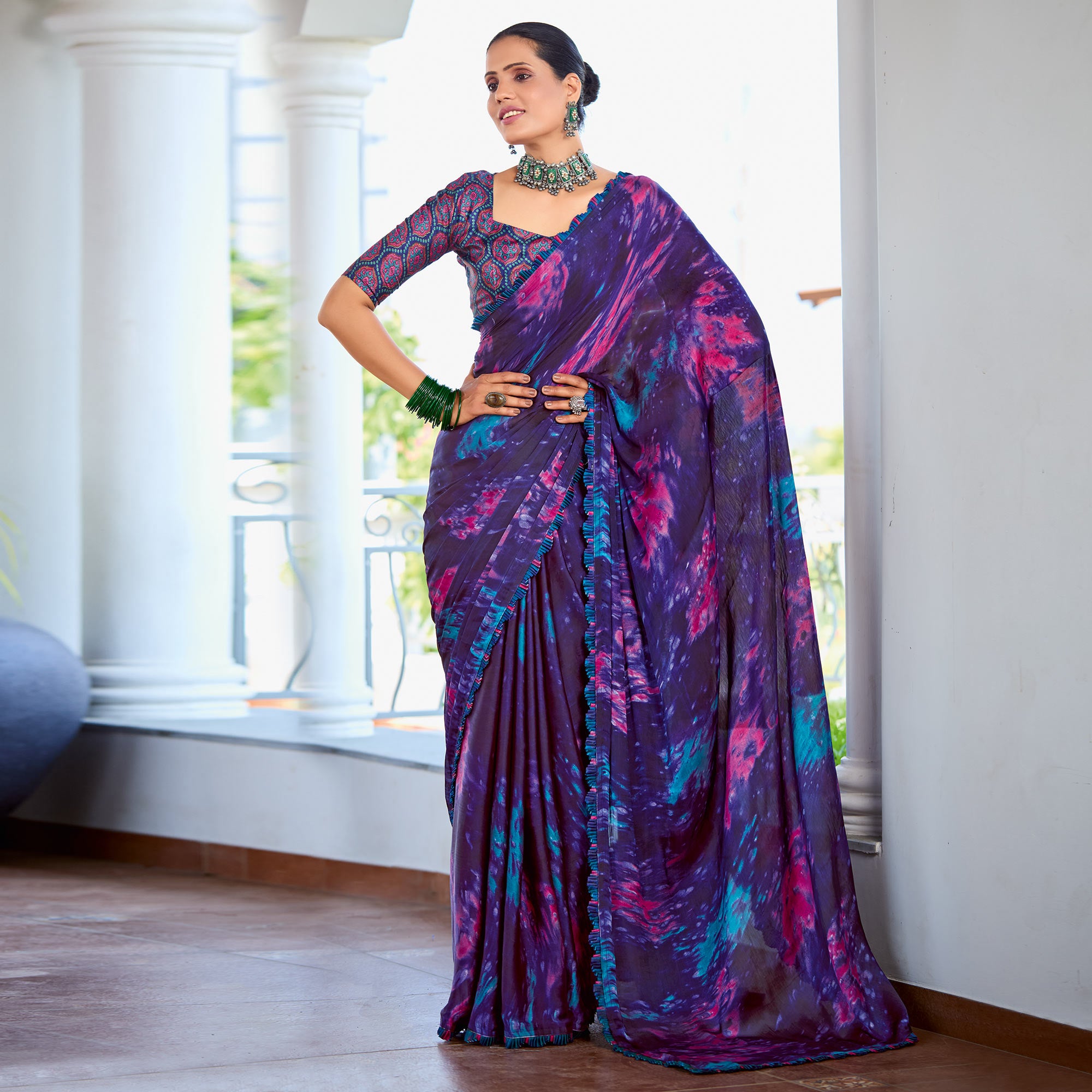Purple Printed Satin Saree With Frill Border