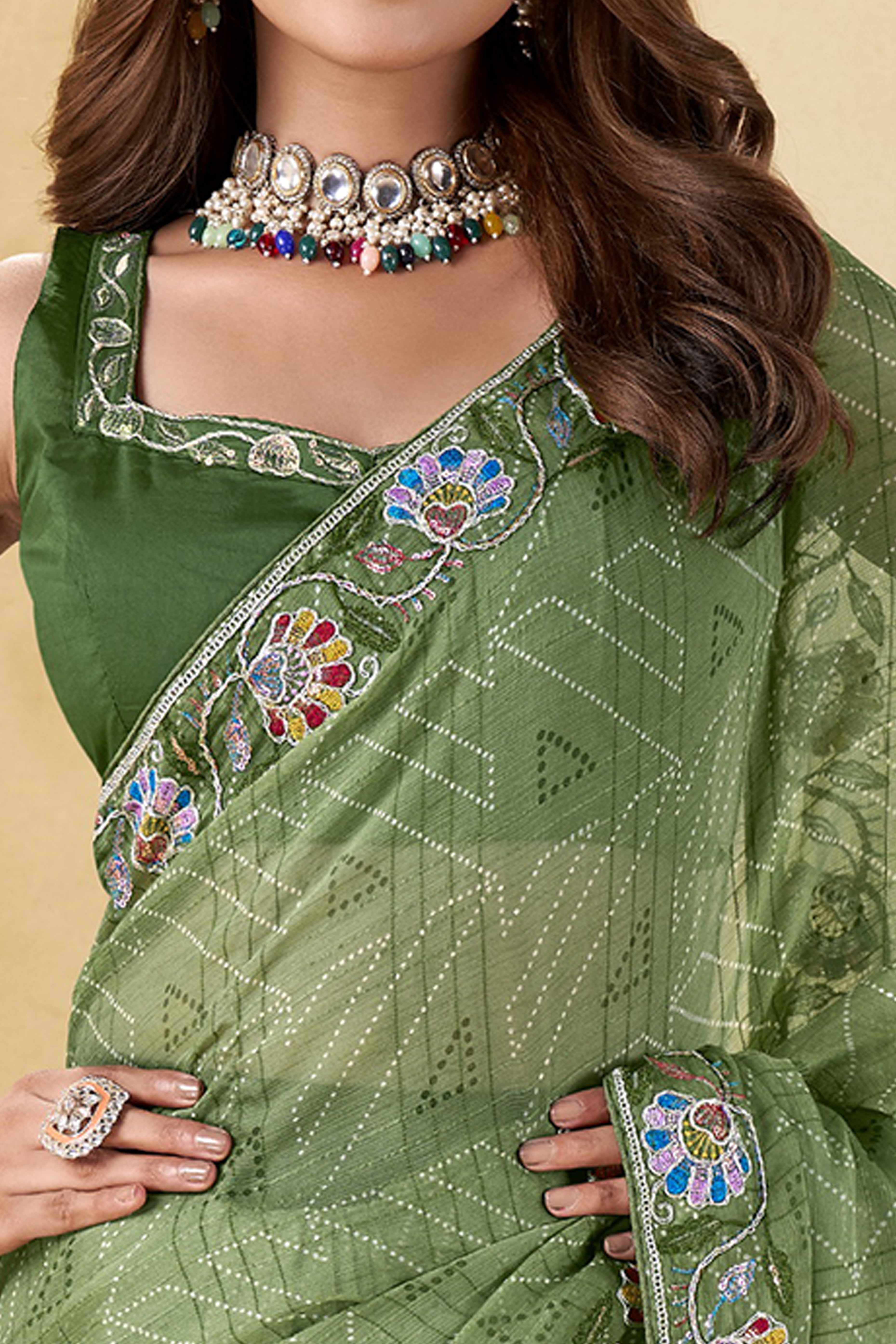 Green Geometric Printed Chiffon Saree Accented With Floral Sequins Embroidered Border Work