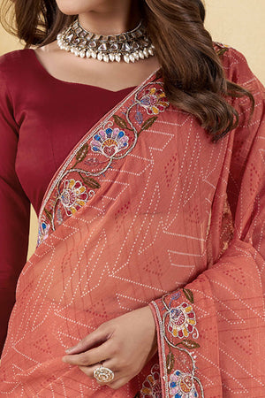 Terracotta Orange Geometric Printed Chiffon Saree Accented With Floral Sequins Embroidered Border