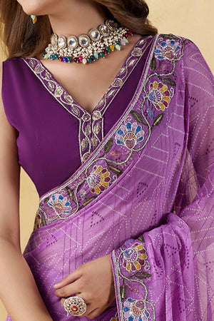 Purple Geometric Printed Chiffon Saree Accented With Floral Sequins Embroidered Border Work