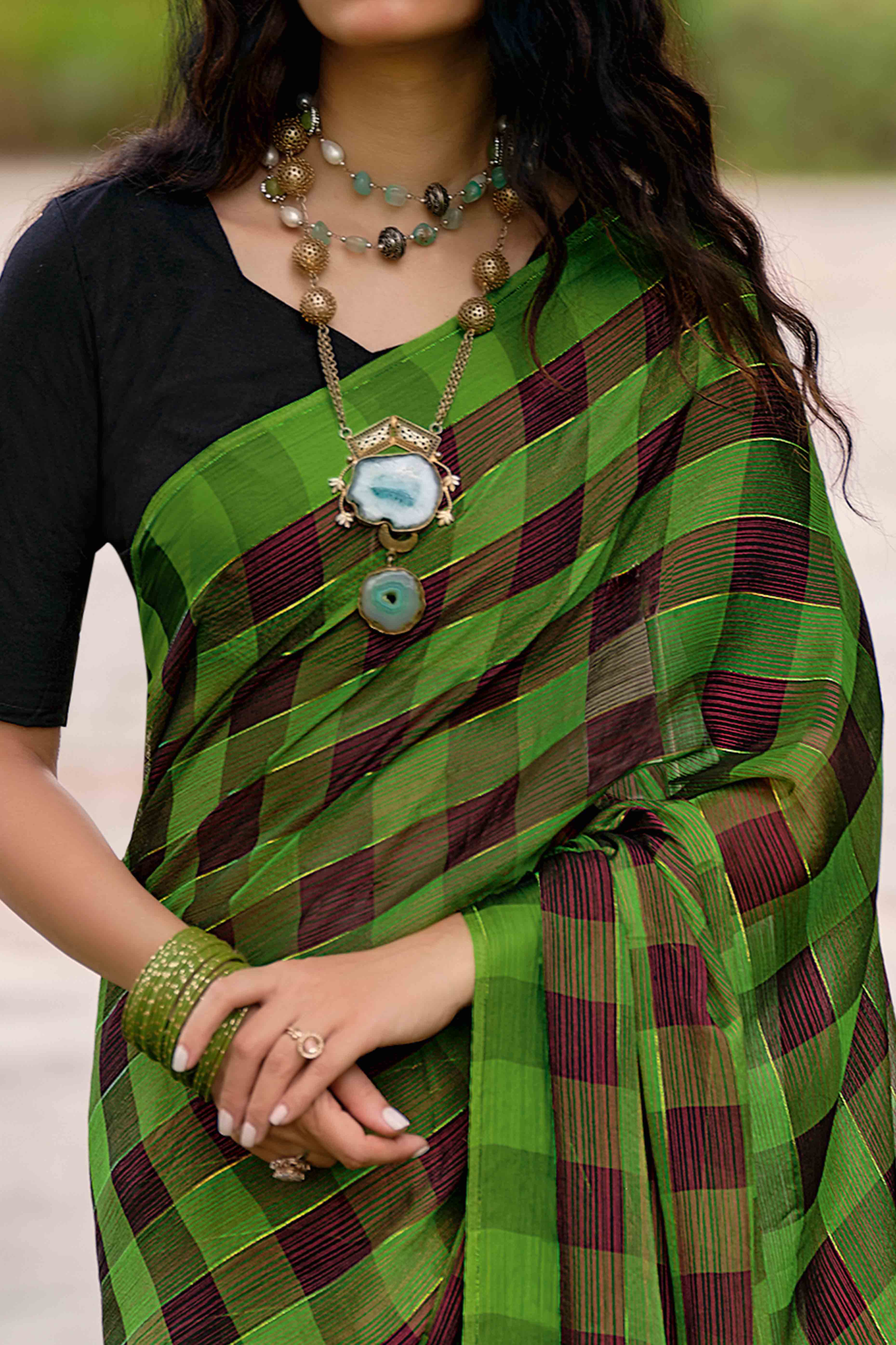 Green With Intricate Black Weaving Checks Georgette Saree
