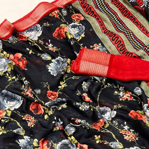 Black & Red Floral Printed Moss Georgette Saree With Woven Border