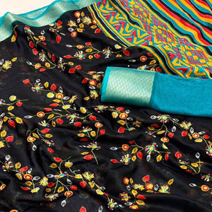 Black & Blue Floral Printed Moss Georgette Saree With Woven Border