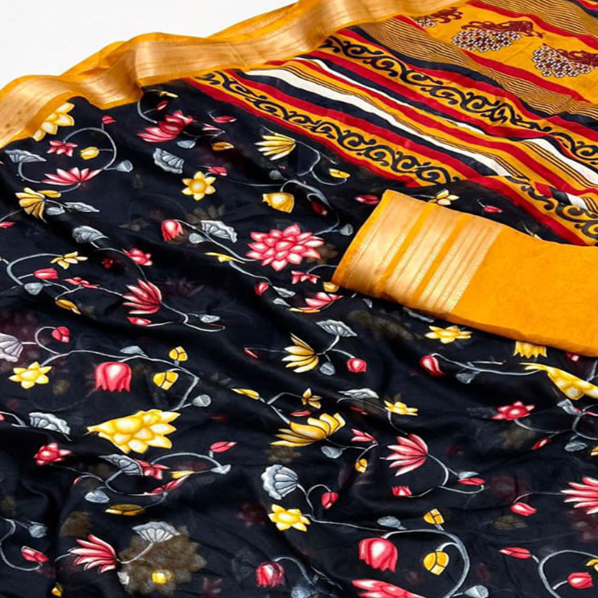 Black & Mustard Floral Printed Moss Georgette Saree With Woven Border