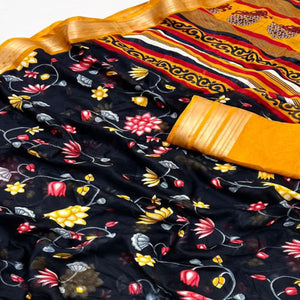 Black & Mustard Floral Printed Moss Georgette Saree With Woven Border