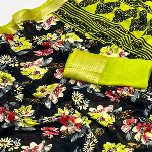 Black & Green Floral Printed Moss Georgette Saree With Woven Border