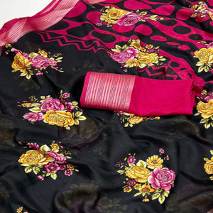 Black & Pink Floral Printed Moss Georgette Saree With Woven Border
