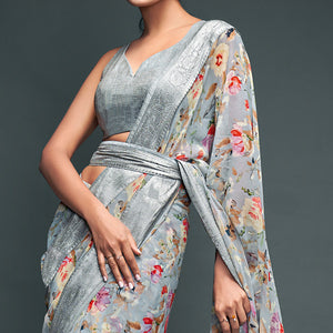 Grey Floral Printed Georgette Saree