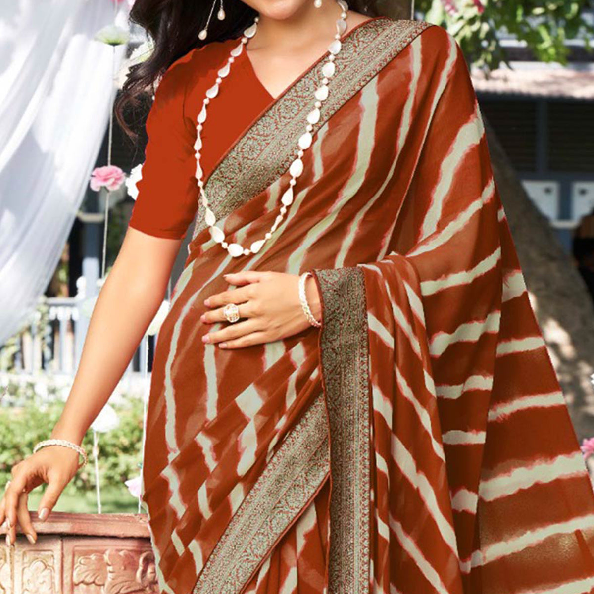 Rust Leheriya Printed With Woven Border Georgette Saree