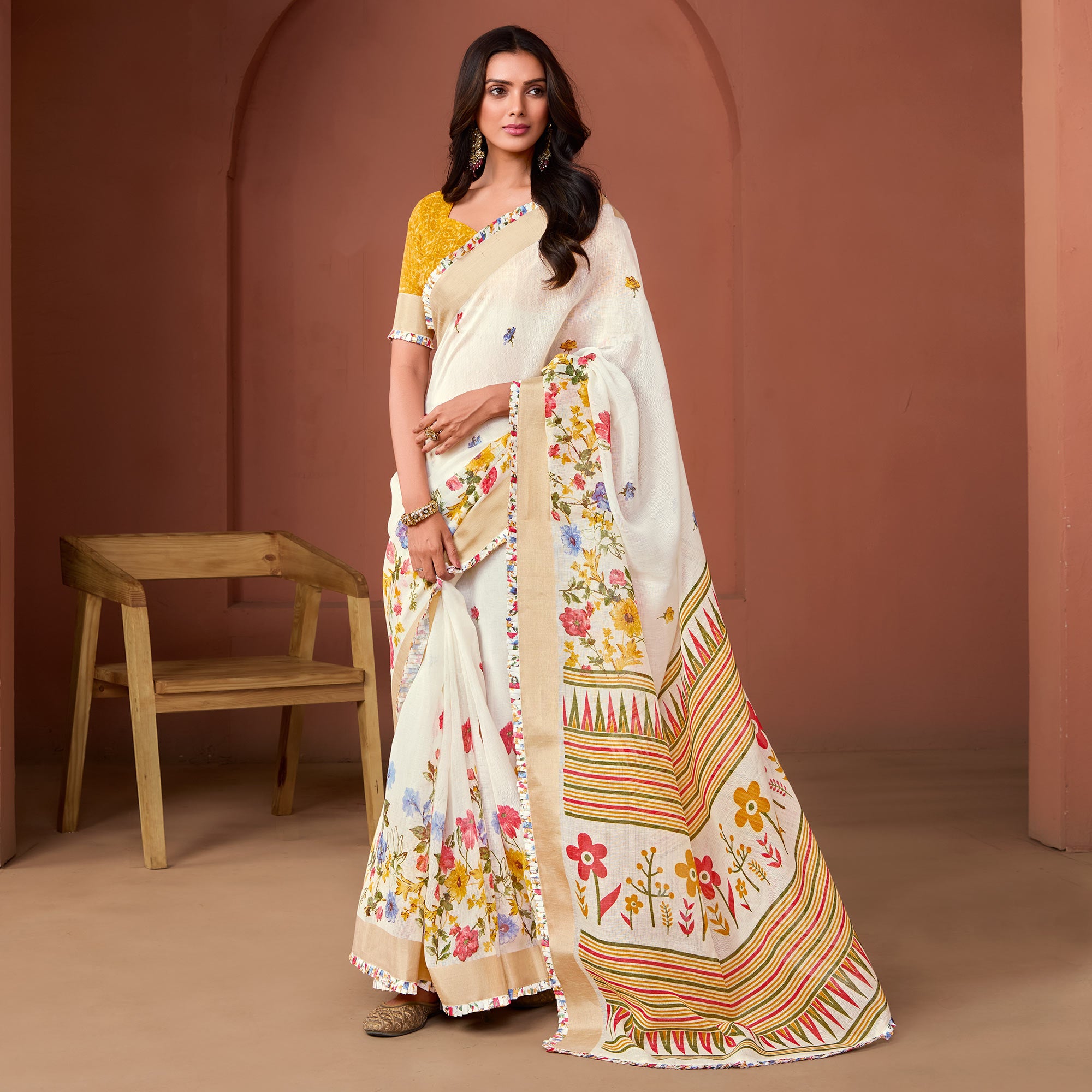 Off White Floral Printed Pure Cotton Saree