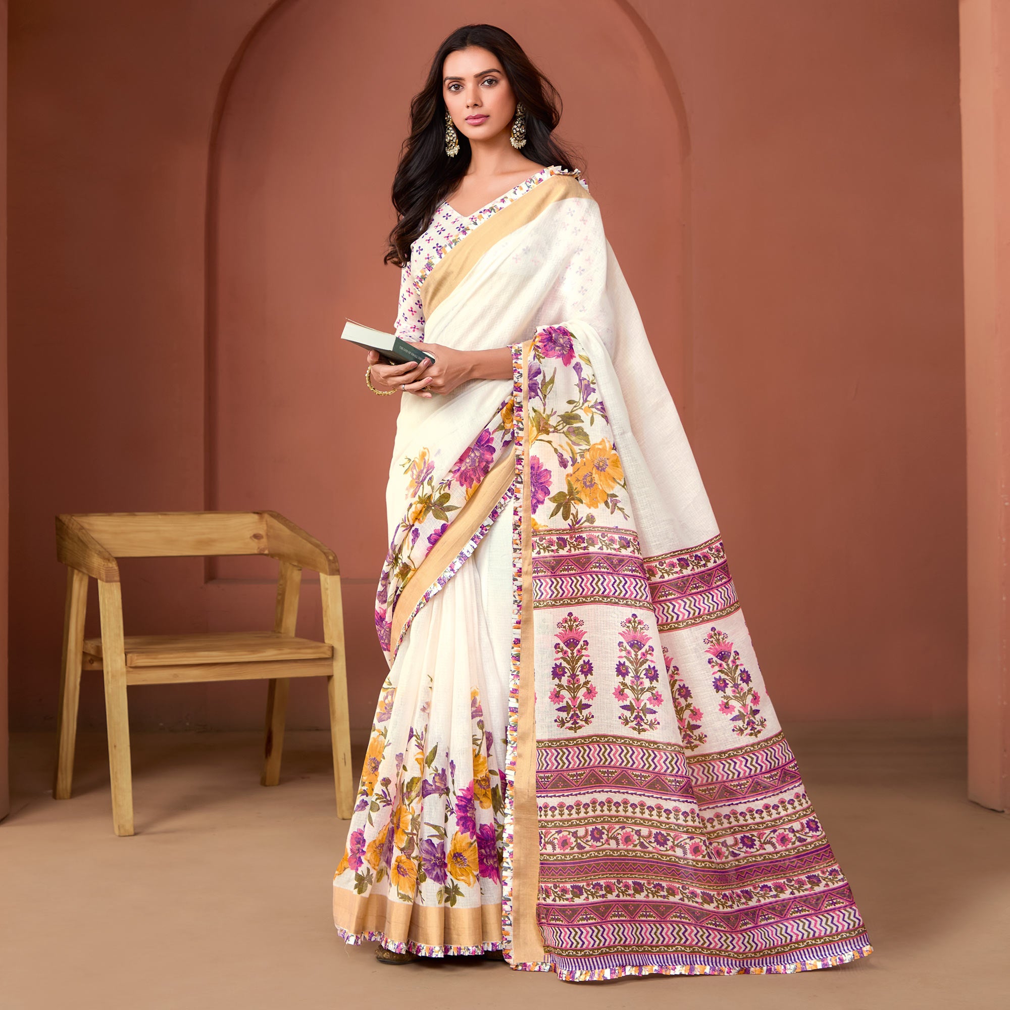 Off White Floral Printed Pure Cotton Saree