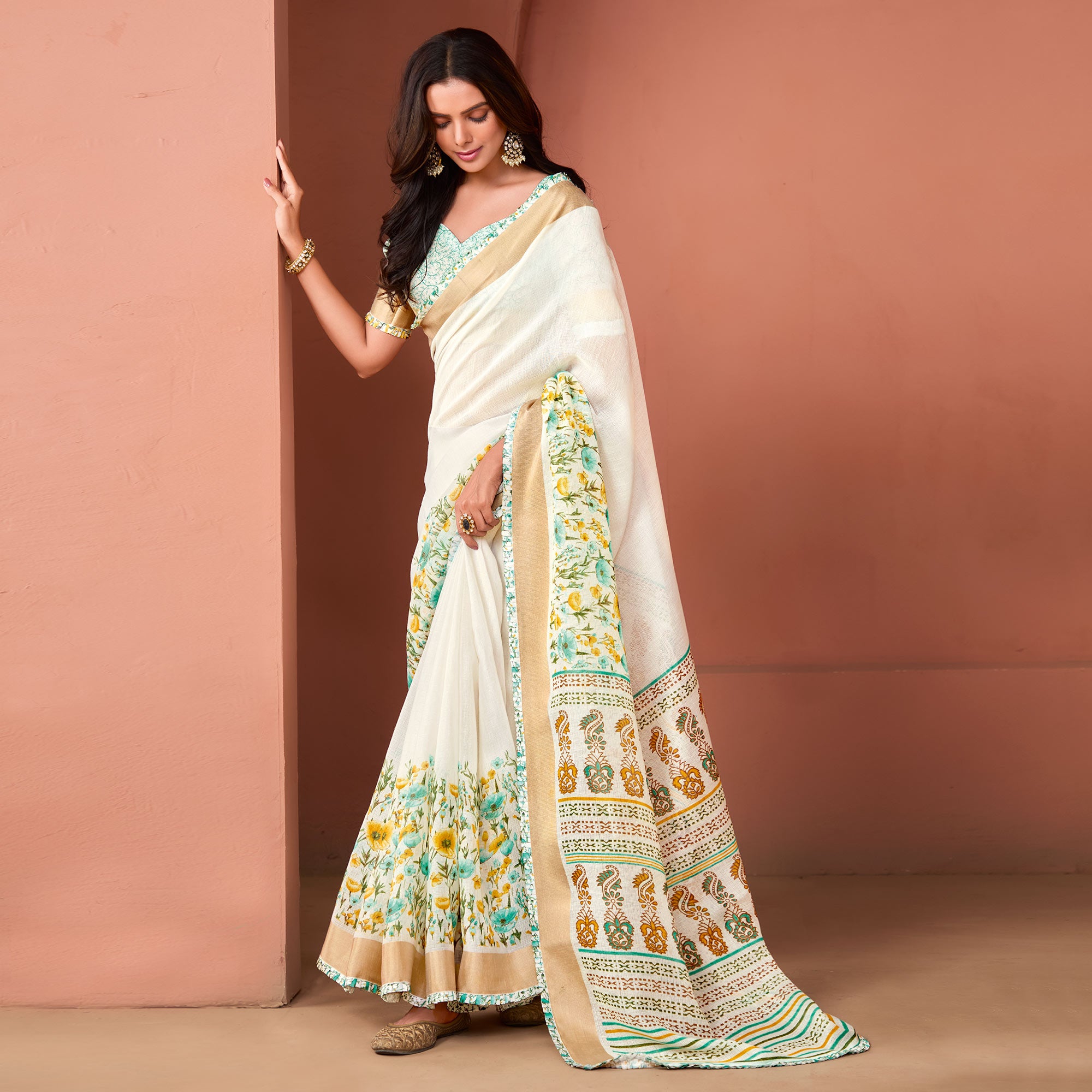 Off White Floral Printed Pure Cotton Saree