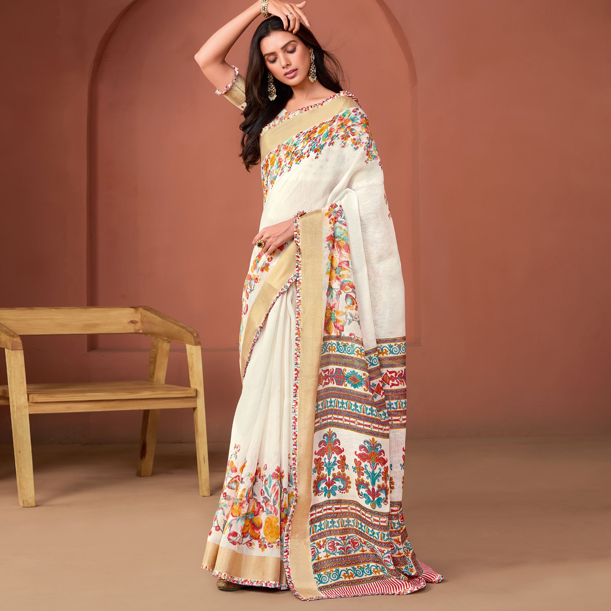 Off White Floral Printed Pure Cotton Saree