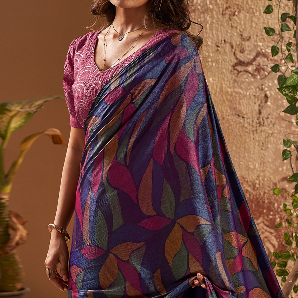 Purple Printed Nylon Saree With Tassels