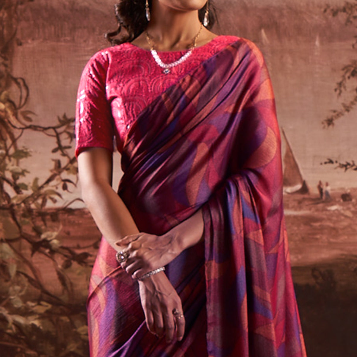 Purple Printed Nylon Saree With Tassels