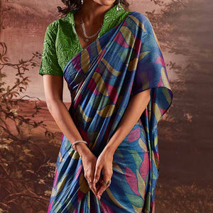 Blue Printed Nylon Saree With Tassels