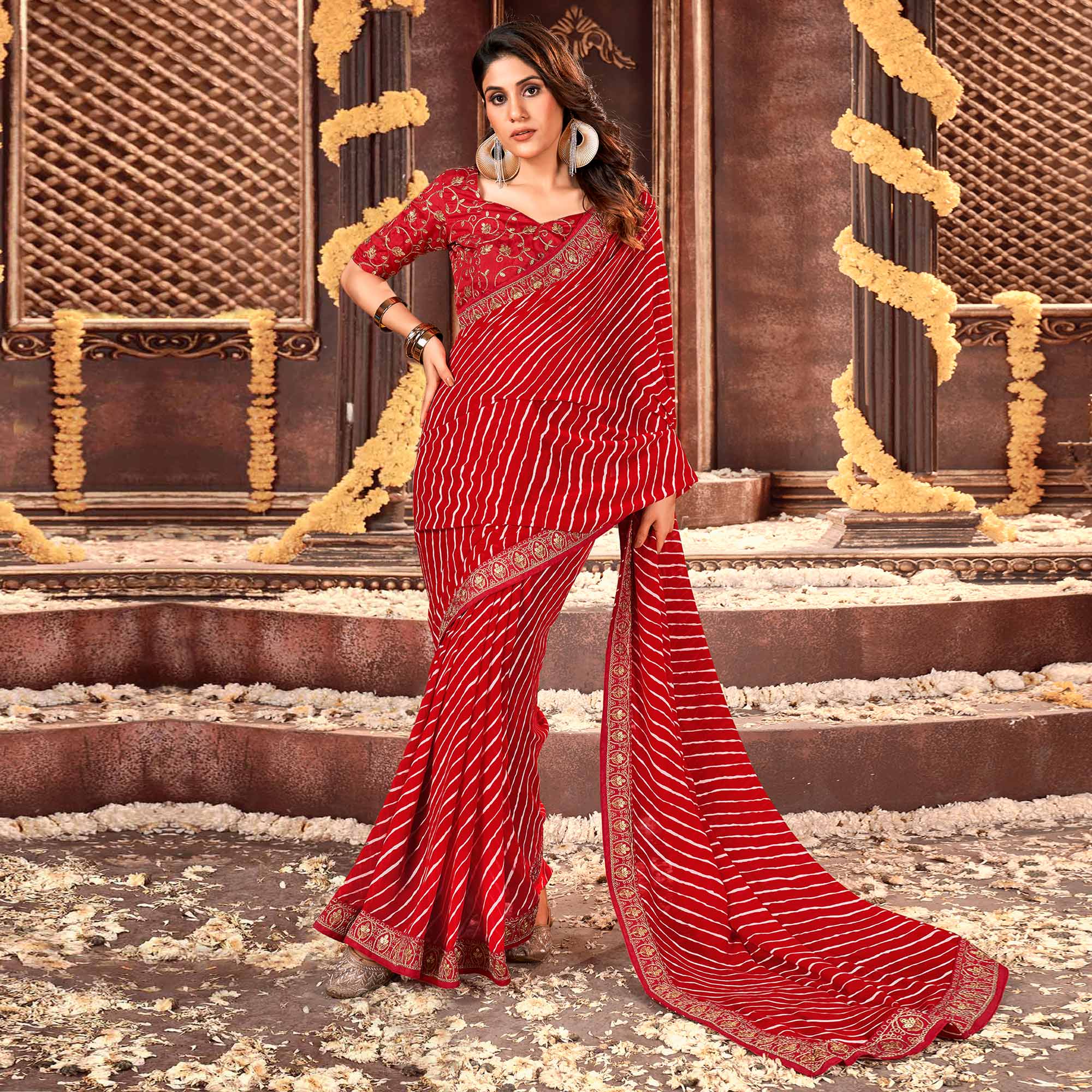 Red Striped Printed Georgette Saree