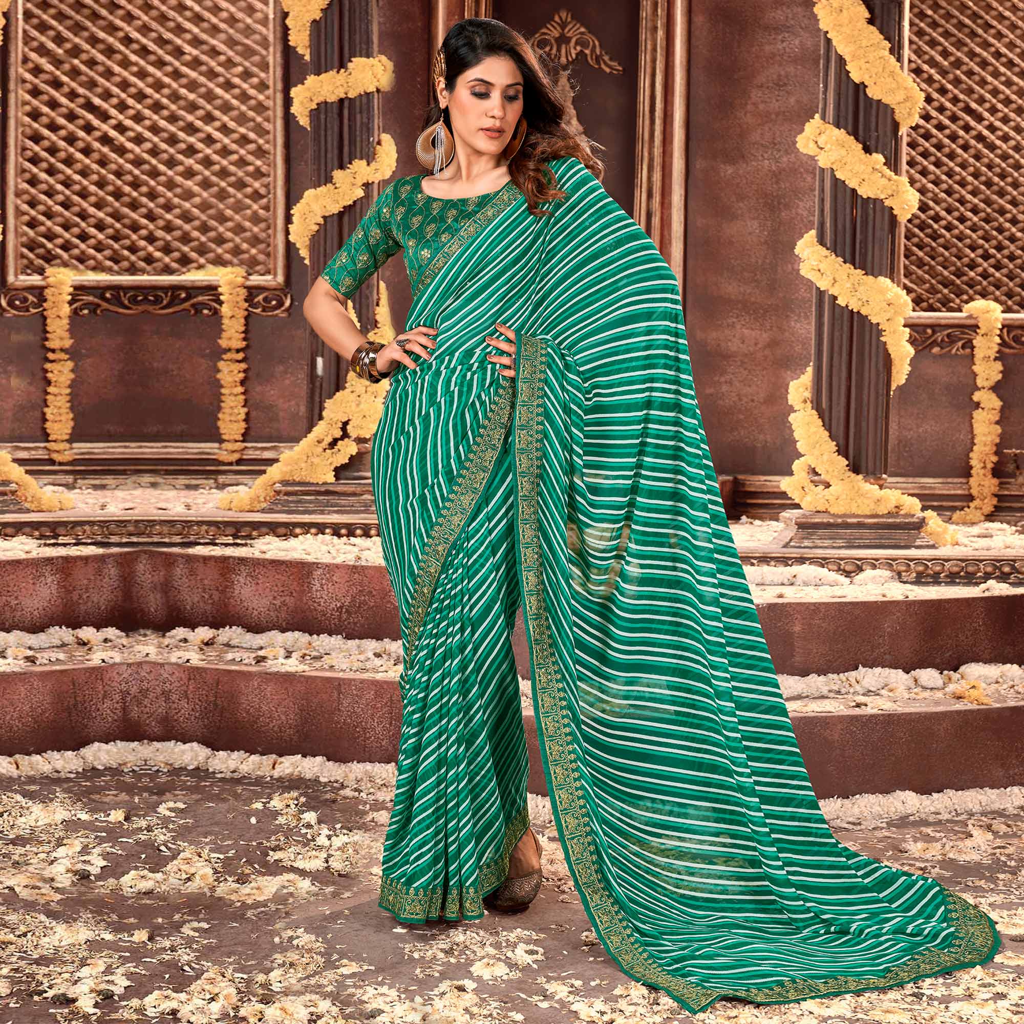 Sea Green Striped Printed Georgette Saree