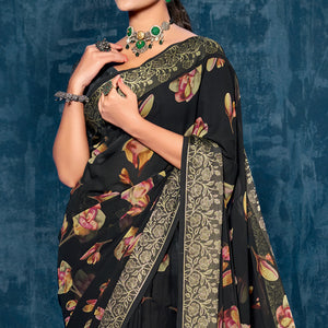 Black Floral Printed Georgette Saree With Viscose Border